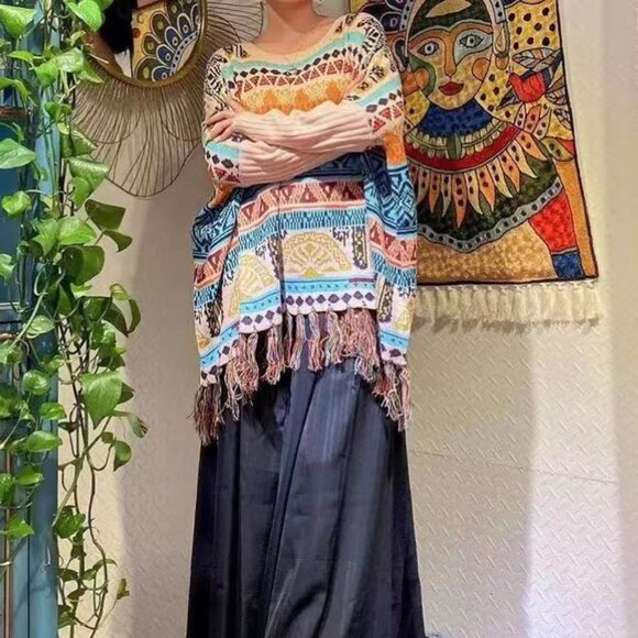 Sweater Bohemian lady artsy fringe vintage top Nordic knit - Picture 2 of 5